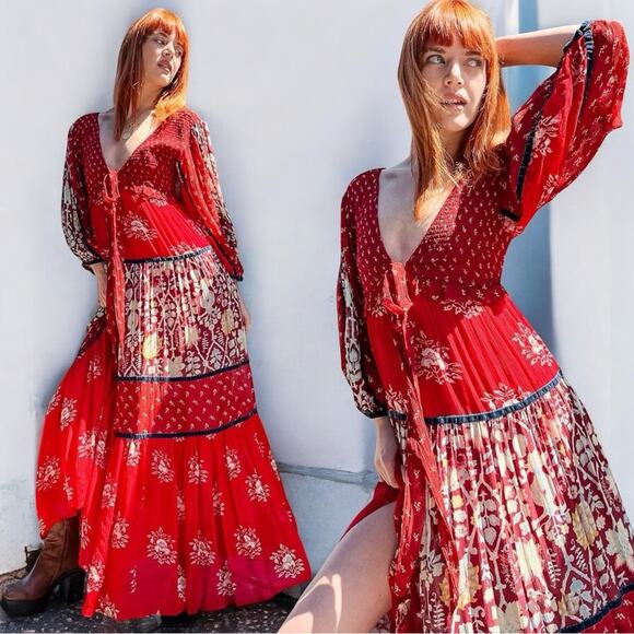 Free People Bohemian Gypsy Witchy Bali Laurel Maxi Dress Large Patchwork 70s - Picture 12 of 16